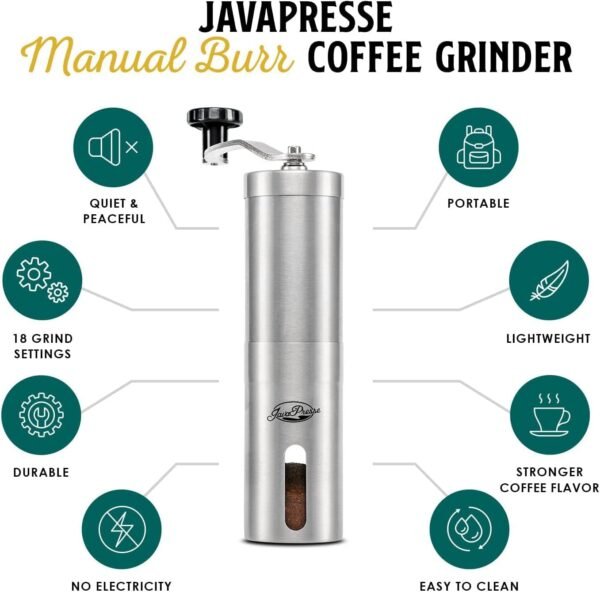 JavaPresse Manual Coffee Grinder — Stainless Steel Manual Conical Burr Coffee Bean Grinder