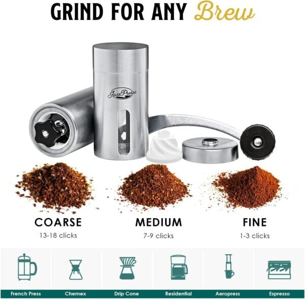 JavaPresse Manual Coffee Grinder — Stainless Steel Manual Conical Burr Coffee Bean Grinder