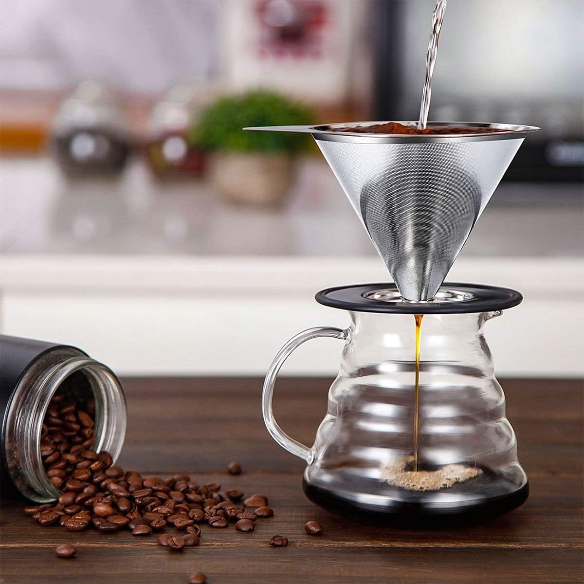 LHS Pour Over Coffee Dripper Stainless Steel Coffee Filter Metal Cone Filter Paperless Reusable Coffee Filter