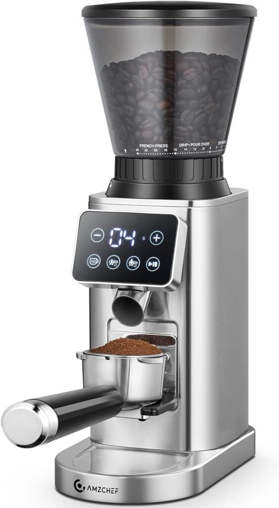 AMZCHEF Coffee Grinder, Coffee Bean Grinder for Home Use with Precise Grinding, LED Control Panel, Detachable Funnel Stand, Anti-static Design, 24 Grind Settings, Silver