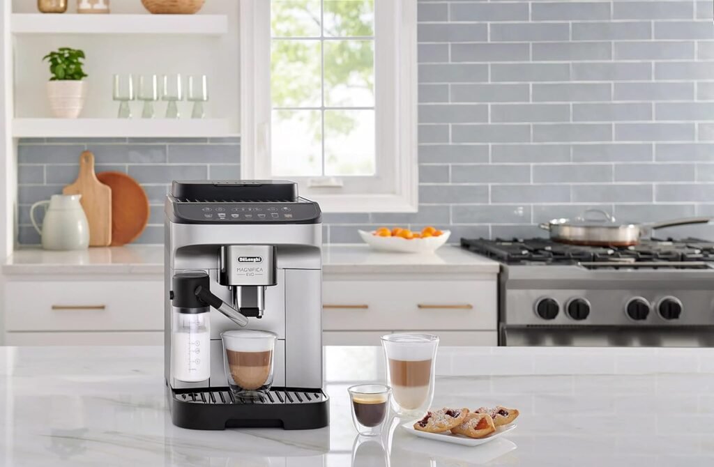 DeLonghi Magnifica Evo with LatteCrema System, Fully Automatic Machine Bean to Cup Espresso Cappuccino and Iced Coffee Maker, Colored Touch Display,Black, Silver