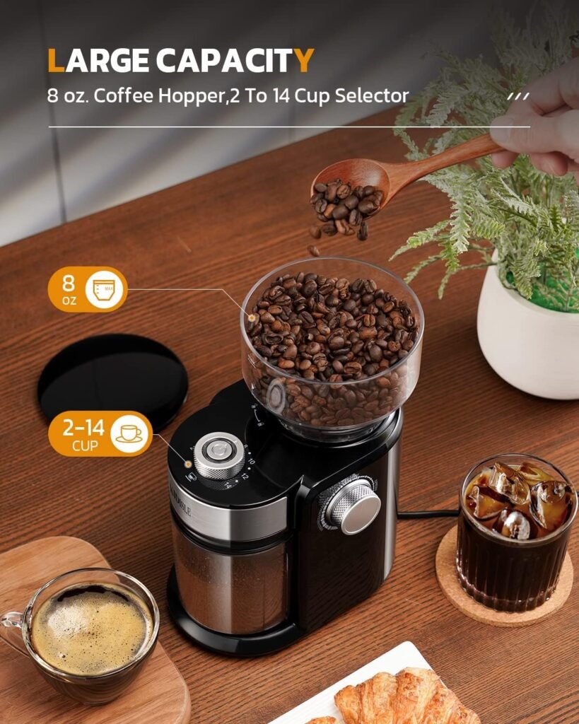 Electric Burr Coffee Grinder5.0, Automatic Flat Burr Coffee for French Press, Drip Coffee and Espresso, Adjustable Burr Mill with 16 settings, 14 Cup, Stainless Steel