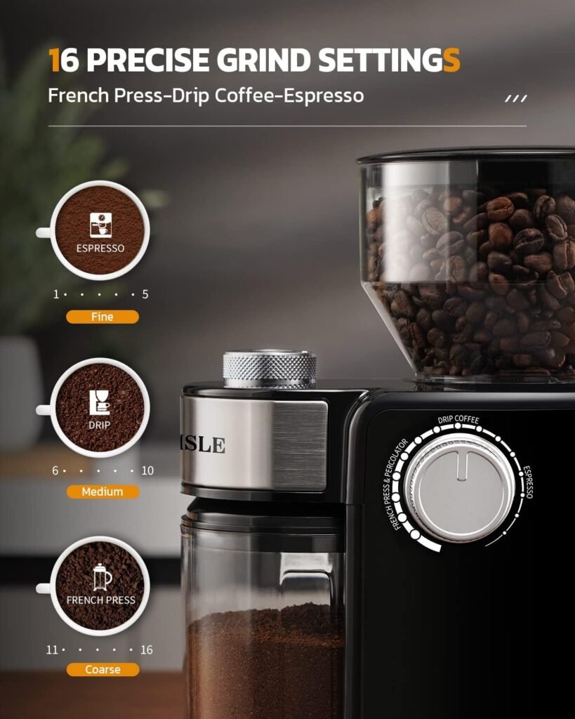 Electric Burr Coffee Grinder5.0, Automatic Flat Burr Coffee for French Press, Drip Coffee and Espresso, Adjustable Burr Mill with 16 settings, 14 Cup, Stainless Steel