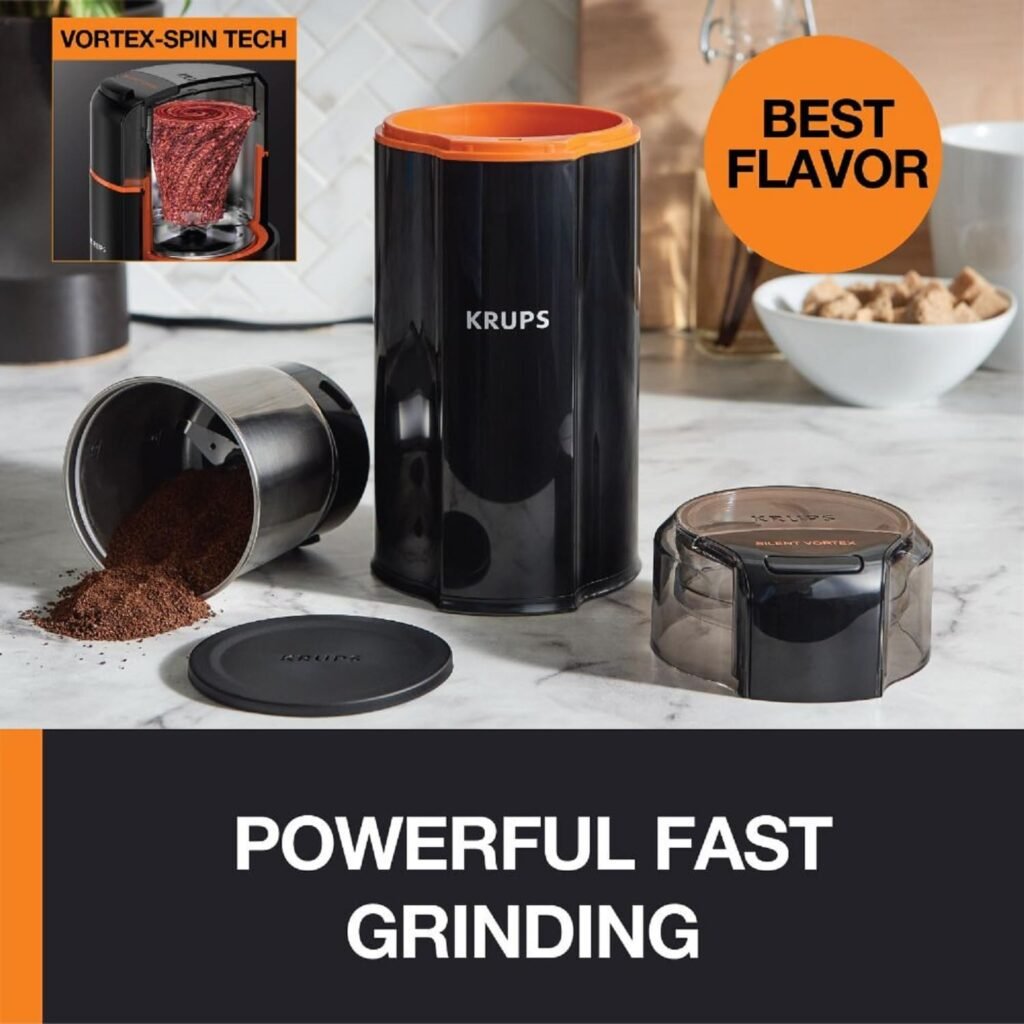 Krups One-Touch Coffee and Spice Grinder 3 Ounce Bean Hopper Easy to Use, One Touch Operation 200 Watts Coffee, Spices, Dry Herbs, Nuts, 12 Cup Black