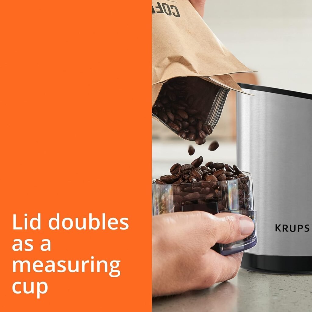 Krups One-Touch Coffee and Spice Grinder 3 Ounce Bean Hopper Easy to Use, One Touch Operation 200 Watts Coffee, Spices, Dry Herbs, Nuts, 12 Cup Black