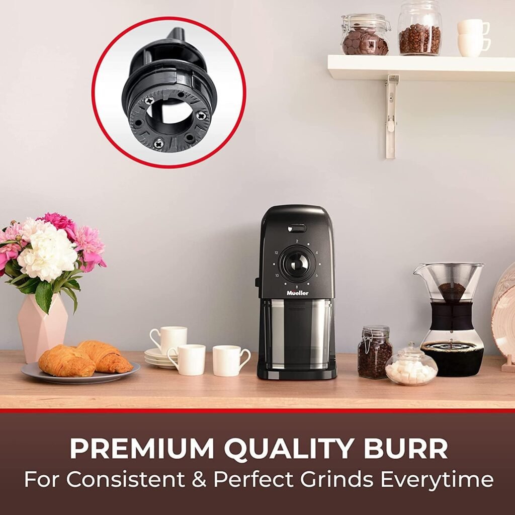 Mueller SuperGrind Burr Coffee Grinder Electric with Removable Burr Grinder Part - 12 Cups of Coffee, 17 Grind Settings with 5,8oz/164g Coffee Bean Hopper Capacity, Matte Black