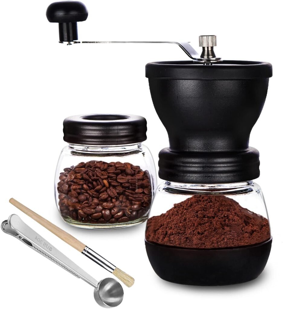 PARACITY Manual Coffee Bean Grinder with Ceramic Burr, Hand Coffee Grinder Mill Small with 2 Glass Jars(11OZ per Jar) Stainless Steel Handle for Drip Coffee, Espresso, French Press, Turkish Brew