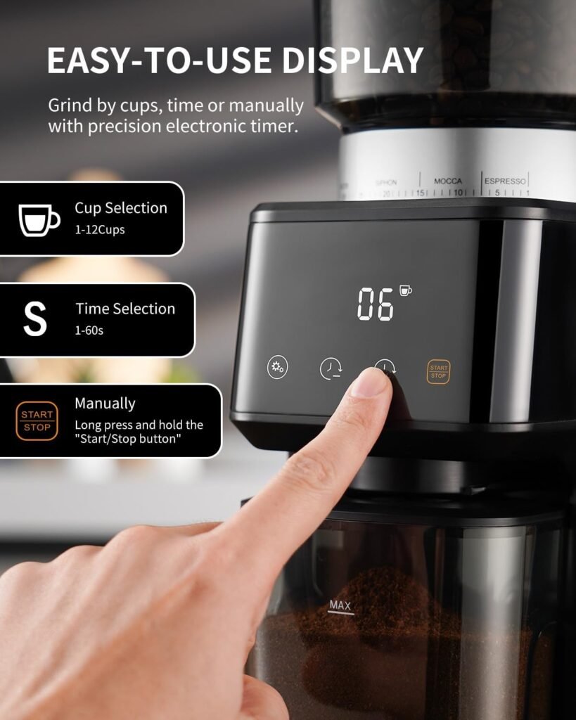 SHARDOR Conical Burr Coffee Grinder for Espresso with Precision Timer, Touchscreen Adjustable Electric Burr Mill with 51 Precise Settings for Home Use, Anti-static, Brushed Stainless Steel