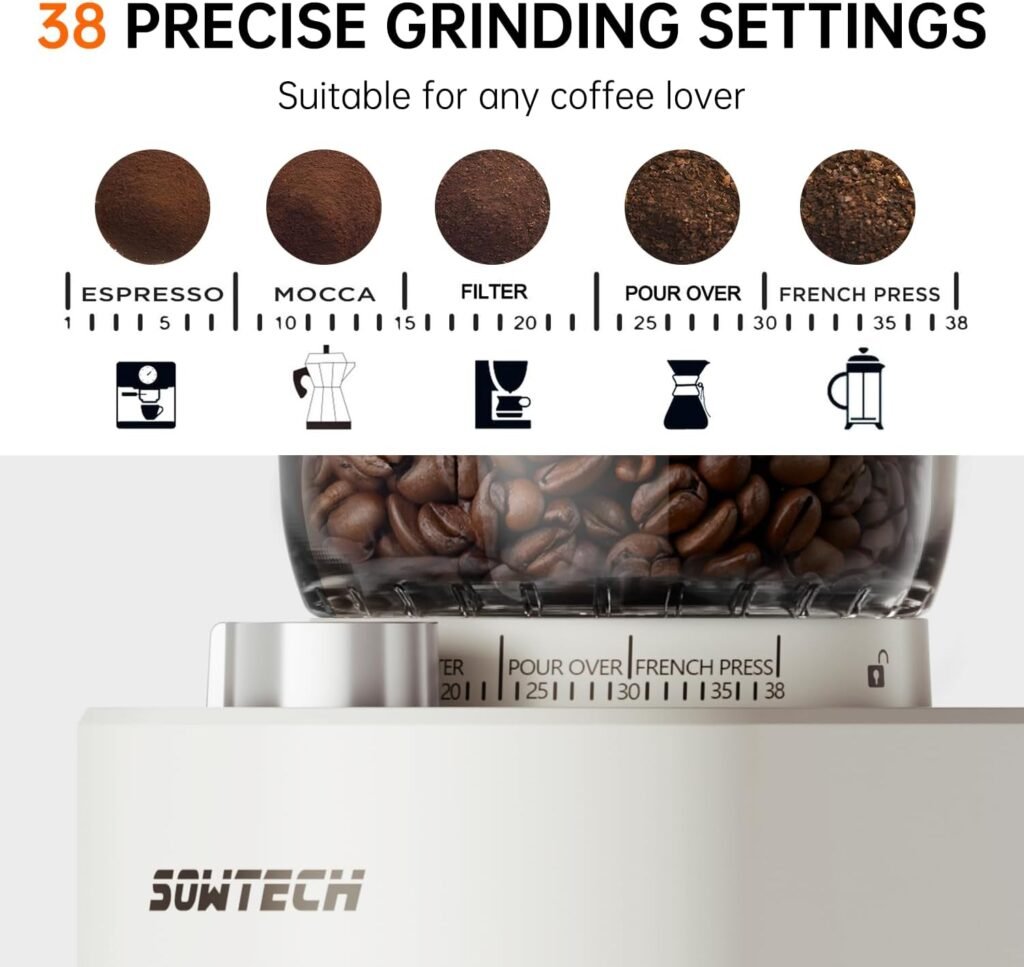 SOWTECH Conical Burr Coffee Grinder, Adjustable Burr Mill with 38 Precise Grind Setting, precision timer, for Espresso/Drip/Pour Over/Cold Brew/French Press Coffee Maker(Black)