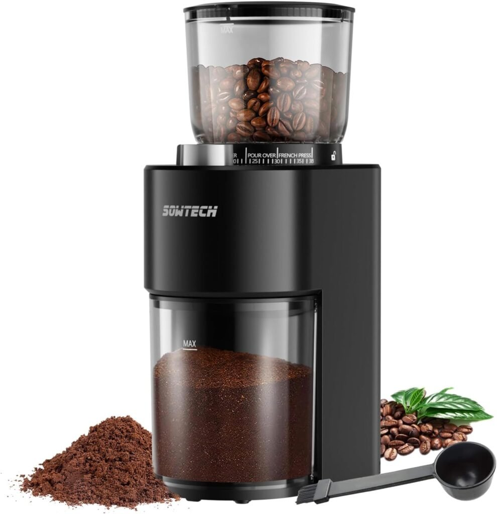 SOWTECH Conical Burr Coffee Grinder, Adjustable Burr Mill with 38 Precise Grind Setting, precision timer, for Espresso/Drip/Pour Over/Cold Brew/French Press Coffee Maker(Black)