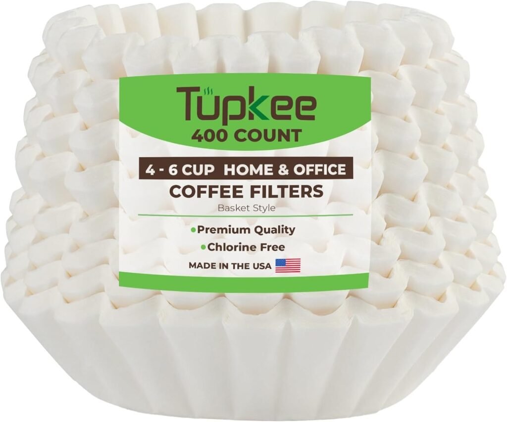 Tupkee Coffee Filters 4-6 Cups - 400 Count, Junior Basket Style, White Paper, Chlorine Free Coffee Filter, Made in the USA